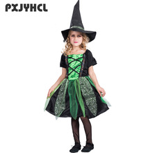 Детский костюм ведьмы на Хэллоуин, с шляпой, платье вампира для вечевечерние, маскарадный костюм для девочки, танцевальная одежда для ролевых игр и представлений 2024 - купить недорого