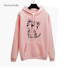 Camisa de manga longa feminina com capuz, estampa gatinho harajuku cor sólida em outono inverno, pulôver casual feminino 2024 - compre barato