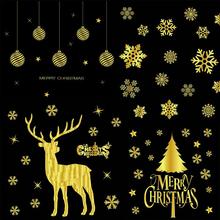 Рождественские бесклеевые статические наклейки, золотые наклейки для украшения окон, лось, снежинка, Рождественская елка, стеклянные двери 2024 - купить недорого