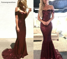 New Burgundy Sequined Evening Dresses Mermaid Off Shoulder Formal Women Holiday Wear Celebrity Party Gowns Plus Size Custom Made 2024 - buy cheap