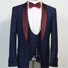 Navy Blue Men Suits Burgundy Shawl Lapel Costume Homme 3Pieces(Jacket+Pant++Vest+Tie) Fashion Terno Masculino Groom Blazer 499 2024 - buy cheap