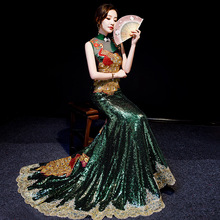 Green Embroidery Diamonds Oriental Evening Dress Women Elegant Tailing Satin Chinese Cheongsam Wedding Robe Chinoise Femme 2024 - buy cheap