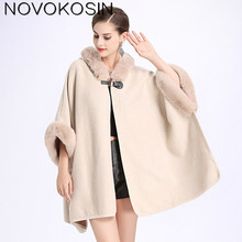 2018 Winter Warm Plus Size Fashion Two Used Poncho Faux Cashmere Shawl Women Imitation Rabbit Fur Cardigan Coat With Hat 2024 - buy cheap