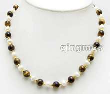 SALE 6-7mm White Natural freshwater Pearl & 8mm Round yellow tiger's-eye 17'' Necklace -nec6048 wholesale/retail Free shipping 2024 - buy cheap