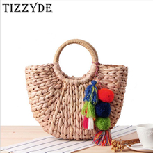 Bolso tejido de paja para mujer, borla con bola de pelo, hecho a mano, estilo Mori Simple, para vacaciones en la playa, verano, ZCY59 2024 - compra barato