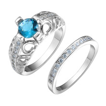 Hason conjunto de anéis de prata 2 peças, conjunto com céu redondo, azul, zircônia cúbica, joias para casamento e noivado, presente 2024 - compre barato