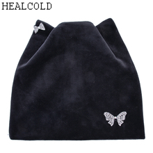 Autumn Winter Women Beanies Cat ears Hat Ladies Warm Velvet Skullies Girls Cap Rhinestone Butterfly Beanie Hat 2024 - buy cheap