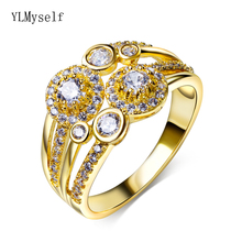 Anéis redondos dourados femininos, anéis de joias com cristais brilhantes 2024 - compre barato