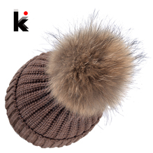 Autumn Winter Beanie Hat Knitted Wool Beanies Cap With Raccoon Fox Fur Pompom Skullies Caps Ladies Knit Winter Hats For Women 2024 - buy cheap