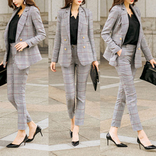 2018 Women Double Breast Blazer Suits Office Lady Sets Two-piece Work Set Long Sleeve Plaid Suit Jacket & Straight Pant Outfits 2024 - buy cheap