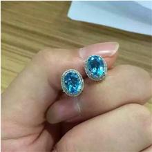 Natural Blue topaz earring Free shipping Natural real Blue topaz 925 sterling silver 6*8mm 2024 - buy cheap