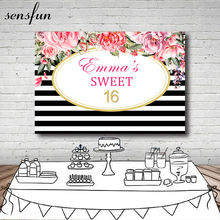 Sensfun faixas de flores pretas e brancas, pano de fundo para meninas, faixas de aniversário sweet 16, fundos para estúdio de fotografia 7x5ft, vinil 2024 - compre barato