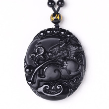 Pingente de obsidiana preto, colar com amuleto de cristal kirin xianbao para mulheres e homens, joias finas 2024 - compre barato