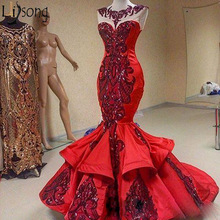 Красное Длинное Платье-Русалка для выпускного вечера, роскошные вечерние платья с аппликацией, бисером, оборками и прозрачным вырезом, платья для гостей невесты 2024 - купить недорого