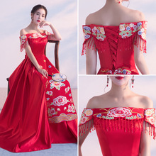 Alta qualidade vestido de casamento tradicional chinês vermelho ombro de fora longo cheinse oriental cheongsam festa de noite qipao 90 2024 - compre barato
