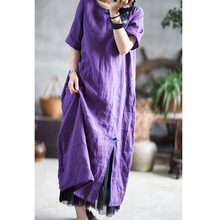Casual Women Dress 2019 Short Sleeve Summer Cotton Linen A line Purple Thin Original Chinese Long Robe Loose Fashion YoYiKamomo 2024 - buy cheap