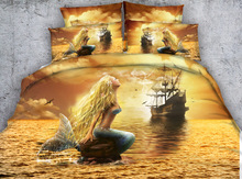 Beautiful 3d Golden Sea Mermaid and Pirate Ship bed set Girls Bedlinens set comforter bedding sets duvet cover set king size 2024 - buy cheap