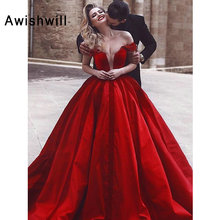 New Arrival Red Long Ball Gown Prom Dress Off The Shoulder Deep V-neck Satin Arabic Evening Dress Women Cheap Formal Party Dress 2024 - buy cheap