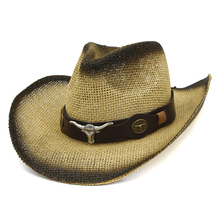 QBHAT-Sombrero de vaquero para hombre y mujer, sombrero de paja con pulverizador de papel para pintar, sombrero de vaquero para carnaval, decoración de cabeza de toro, ala grande, gorra para el sol de playa 2024 - compra barato