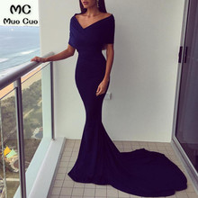 New 2018 Mermaid Off Shoulder Evening Dresses Deeo V-Neck Half Sleeve Elastic Satin Women's Evening Dresses Dark Blue Prom Dress 2024 - buy cheap