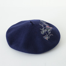 Korean flower embroidery Wool Beret painter Hat Lady autumn and winter embroidery bud cap wool hat 2024 - buy cheap