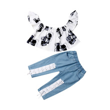 3-8Y Summer Infant Kids Girls Clothes Sets Off Shoulder Tops Denim Jeans Pants Sunsuit Outfit 2024 - buy cheap