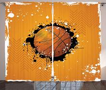 Cortinas deportivas con ilustración, salpicaduras de pintura de baloncesto sobre fondo Grungy abstracto, tema deportivo, sala de estar, dormitorio, Juego de 2 paneles 2024 - compra barato