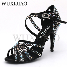 WUXIJIAO-zapatos de baile latino de satén negro para mujer, zapatillas de Salsa con diamantes de imitación, zapatos de baile para mujer, tacones de salón de 5cm-10cm 2024 - compra barato