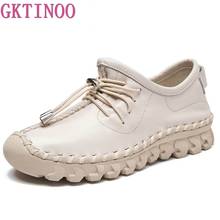 GKTINOO Oxford Sewing Flats Women's Loafers Shoes Woman Female Lace Up Genuine Leather Rubber Soles Casual Shoes 2024 - buy cheap