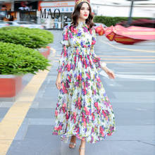 2018 Autumn New Arrival Fashion O-Neck A-Line Full Flare Sleeve Flower Pattern And Draped Print Elegant Mid-Calf Long Dress Wome 2024 - buy cheap