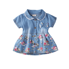 0-4Y Cute Lovely Summer Dress Toddler Baby Girls Pan Petal Sleeve Single Breasted Denim Blue Bow Floral Print Dress 2024 - buy cheap