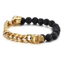 Vintage Volcanic Stones With Gold Silver Color Stainless Steel Skull Bracelets Bangles Link Chain Bracelet Jewelry Man Wristband 2024 - buy cheap