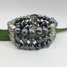 Pulsera elástica de tres tiras con perlas de agua dulce, joyería recién llegado, color gris oscuro, 8-9mm 2024 - compra barato