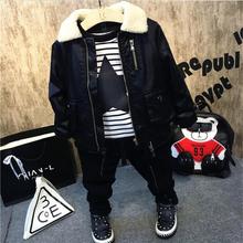 Fashion Baby Boys Clothing Sets Winter Warm Children Suits Kids PU Leather Jacket + Plush T-Shirt + Thick Jeans 3pcs Outfit 2-6Y 2024 - buy cheap