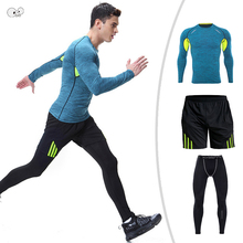 Camisa de compressão + shorts + calças 3pcs masculino correndo conjunto de secagem rápida esporte terno pele-apertado mangas compridas roupas de fitness ginásio roupas esportivas 2024 - compre barato