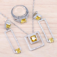 Yellow Zircon Silver 925 Bridal Jewelry Sets For Women square Necklace dangle Earrings Ring Pendants for Jewelry gift 2024 - buy cheap