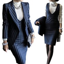 JSXDHK новые осенние женские костюмы с юбкой 2018 черный пиджак в полоску с длинным рукавом + облегающий жилет-футляр строгий комплект из 2 предметов 2024 - купить недорого