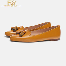 FSJ Fashion 2021 Mustard Color Cross-Tied Leather Ballet Flats Round Toe Autumn Dress Party Casual Shoes Slip On Woman Size 4-16 2024 - buy cheap
