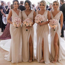 Long Champagne Pleats Chiffon Bridesmaid Dresses V-neck Front Split Formal Party Dresses Maid Of Honor Gowns Hot Sale 2024 - buy cheap