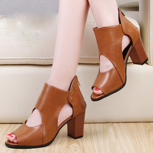 2019 Summer New Handmade Women's Shoes Breathable Soft Leather Wild High Heels Female Thick With Fish Mouth Fashion Sandals 2024 - buy cheap