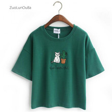 Zuolunouba Harajuku T Shirt Women Korean Style T-shirt Tee Kawaii Cat Embroidery Cotton Tops Shirt Camiseta Feminina Hot Sales 2024 - buy cheap