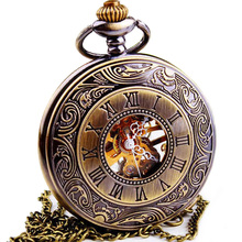 WOONUN Top Brand Luxury Steampunk Skeleton Mechanical Pocket Watches For Men Vintage Bronze Mechanical Pocket Watch With Chains 2024 - buy cheap