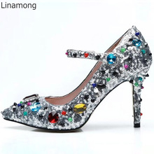 Bling Bling Multicolor Rhinestone Embellished Pumps Woman Gem Beads Ankle Buckle Sequins Stiletto Spring Ladies High Heel Shoes 2024 - buy cheap