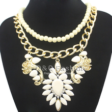 Ornate Statement Gold Double Rose Flower Cream Beads Curb Chain Bib Necklace Top Jewelry  New 2024 - buy cheap