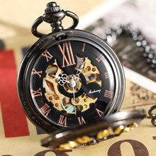 Skeleton Hand Wind Mechanical Pocket Watch Men Women Vintage Big Roman Numerals Hollow Necklace Fob Chain Clock Pendant Black 2024 - buy cheap
