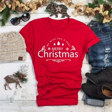 Camiseta con frase WE WISH YOU VERY MERRY navideña para mujer, camiseta con eslogan divertido para mujer, regalo de fiesta, camisetas rojas estéticas 2024 - compra barato
