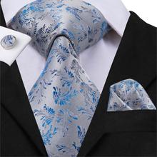 Hi-tie masculino, de seda, azul, floral, moda, prata cinza, gravatas para homens, de luxo, conjunto de gravata de seda para casamento, negócios, traje masculino 2024 - compre barato