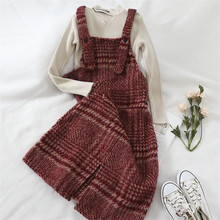 Gowyimmes 2019 fashion spring autumn wine red women woolen dress cute girl strap plaid dress vestidos warm Winter Bottomings 220 2024 - buy cheap