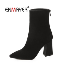 ENMAYER Woman Ankle boots Winter Causal Pointed toe Short boots Zipper Black Size 33-40 Kid Suede Thick High heels Shoes CR1610 2024 - buy cheap