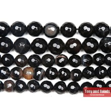 15" Strand Natural Stone Faceted Black Stripe Agate Round Beads 2024 - buy cheap